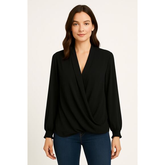 Pilone Black Long Sleeve Drape Front Blouse Size M - Picture 1 of 7